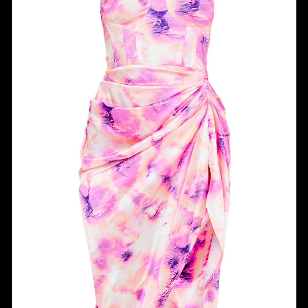 Lilac Tie Dye Print Satin Ruched Skirt Corset Detail Midi Dress
